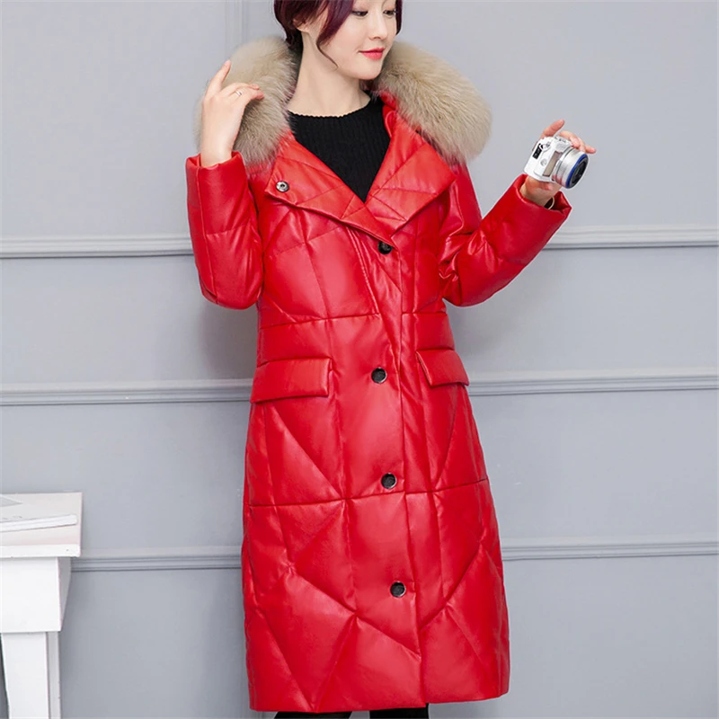 

Pu leather Coat Women 2019 New Thick over the knee Cotton Jacket large fur collar Hooded Loose Winter Female leather Coat W169