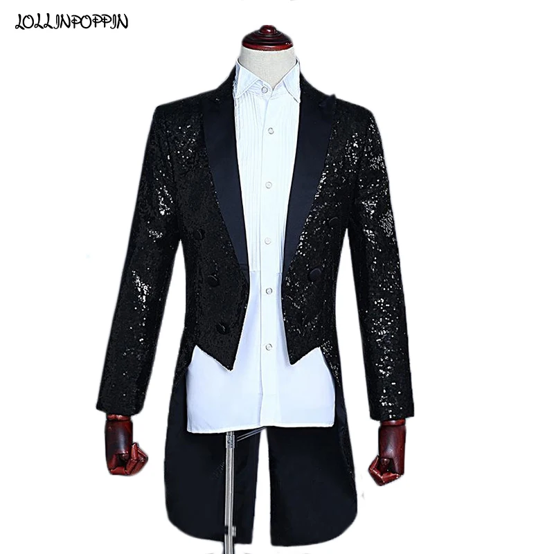 Мужской Блестящий смокинг с отложным воротником костюм ласточки мужской пиджак