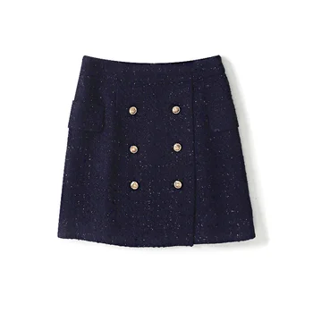 

2020 spring autumn women elegant navy blue tweed skirts buttons high waist bodycon mini skirts y526