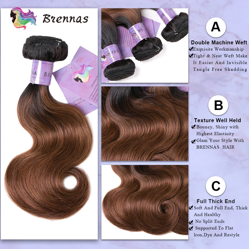 Brennas Body Wave Ombre Hair 3 Bundles Human Hair Bundles With Closure 1b/30 Brazilian 8-26'' Remy Hair Extensions Middle Ratio