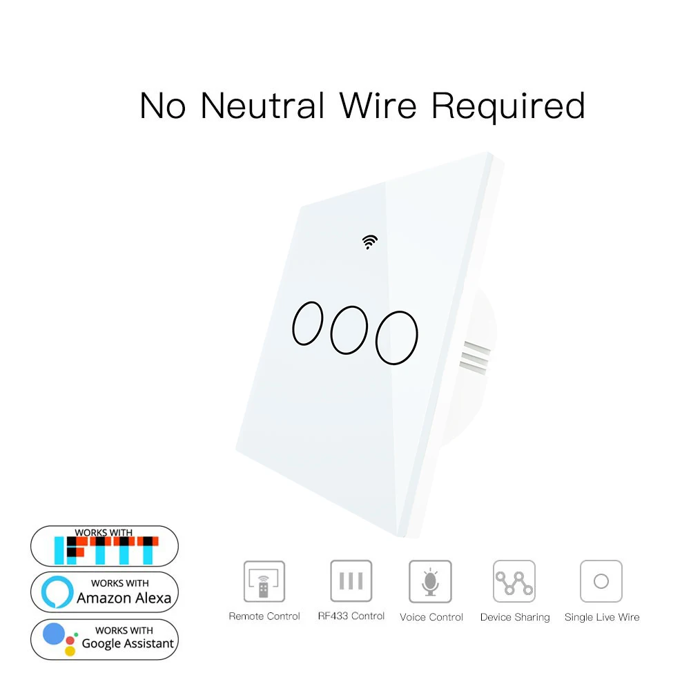 Не требуется нейтральный провод WiFi RF433 умный настенный выключатель Smart Life Tuya пульт дистанционного управления один огонь работа с Alexa - Цвет: 3 Gang White