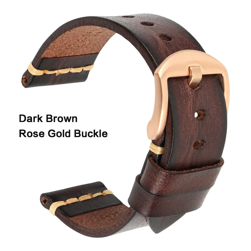 Кожаный ремешок для часов ручной работы винтажный кожаный ремешок для часов OMEGA Fossil CITIZEN SEIKO HUAWEI - Цвет ремешка: DarkBrown Rose Gold