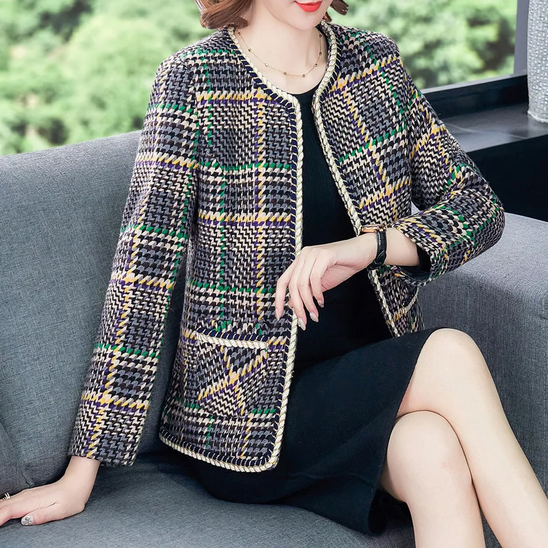 

2019 Autumn And Winter Korean-style New Style Loose-Fit Slimming Western Style Middle-aged Women Dress Short Coat Popular Plaid
