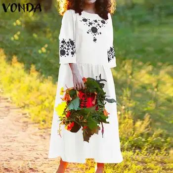 

VONDA Holiday Dress Sundress 2020 Women Casual Loose 3/4 Sleeve Vintage Floral Printed Dress Bohemian Summer Vestido Plus Size