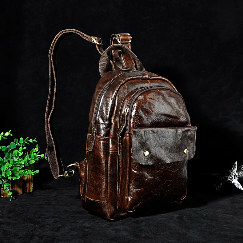 Unisex Original Leather Fashion Travel College School Book Bag Female Women Ladies Backpack Student Chest Sling Bag 1307-dc