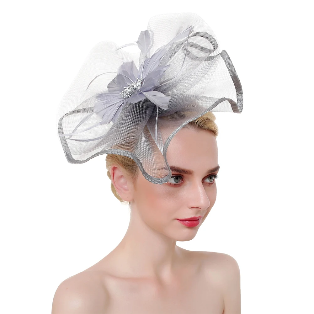 Grey Аксессуары для волос из вуали в сеточку пером подарки Clip Fascinator Головные уборы для девочек элегантные женские вечерние заколка для волос “шляпка” повязка на голову для свадьбы - Цвет: Grey