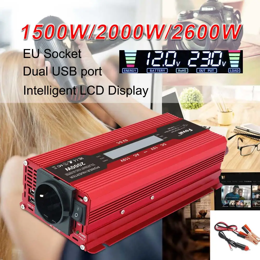 US $33.27 Lcd Voltage Display Power Inverter Dc 12v To Ac 220v 1500w2000w2600w Charger Adapter Converter Eu Socket Auto Accessories