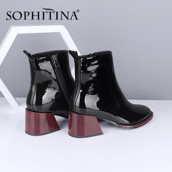 

SOPHITINA New Spring Women Boots Round Toe Square Heels Med Comfortable Warm Water-Proof Casual Black Patent Leather Boots C704