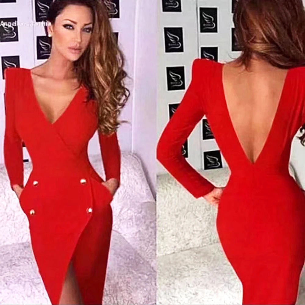 Женское красное платье на пуговицах с длинным рукавом, Осеннее сексуальное платье с v-образным вырезом и открытой спиной, однотонное Бандажное платье, Vestidos, хорошее качество, знаменитостей