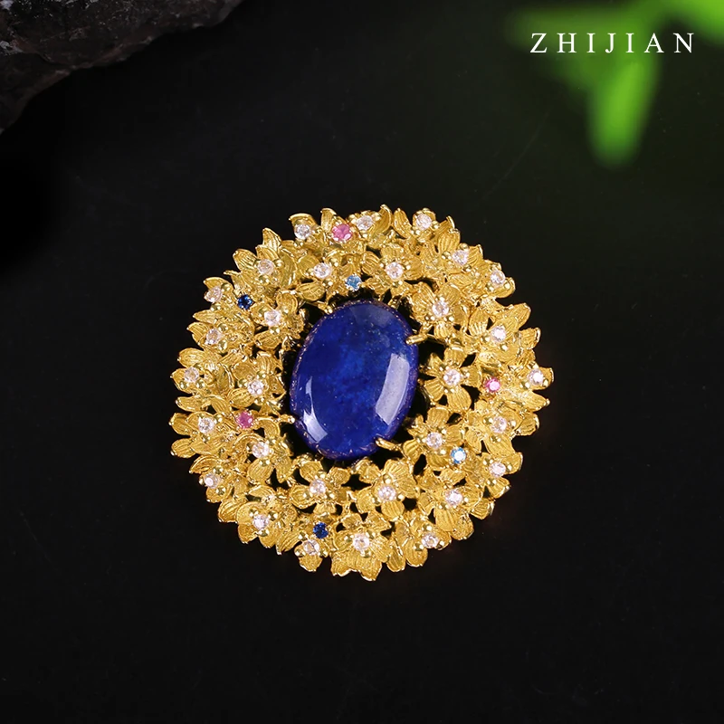 ZHIJIAN, брошь, ручная работа, букет, Лапис, 925 серебро, медь, кулон, лаконичный стиль