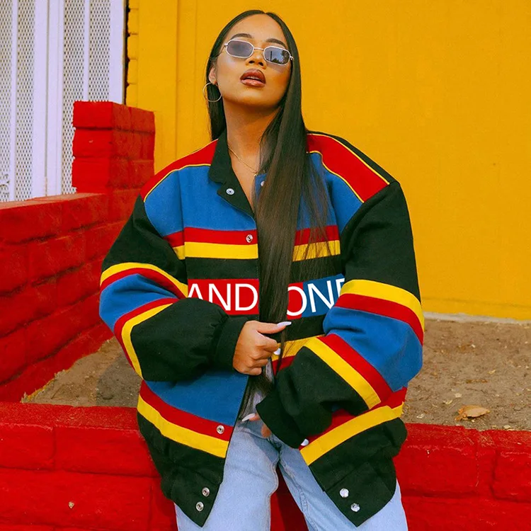 

Women Winter Colorful Stripes Letter Print Long Sleeve Coat Jacket Streetwear Label Neck Single Breasted Coat Clothing For Women