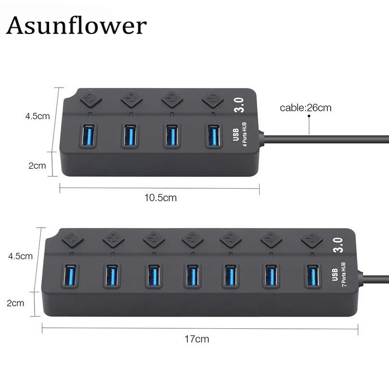 Asunflower 7 портов USB 3,0 концентратор вкл. Выкл. Переключатели адаптер питания переменного тока 5 Гбит/с Высокая скорость для MacBook ноутбук ПК 4 порта USB3.0 концентратор разветвитель