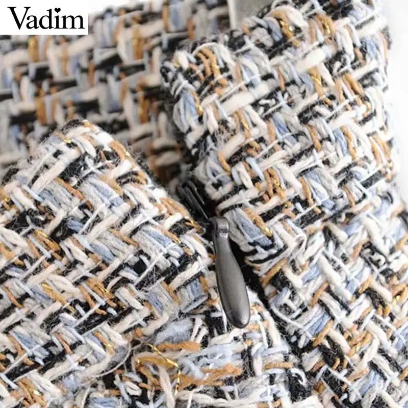 Vadim women chic tweed mini skirt ruffles pearl button decorate irrgular design side zipper vintage female casual skirts BA813
