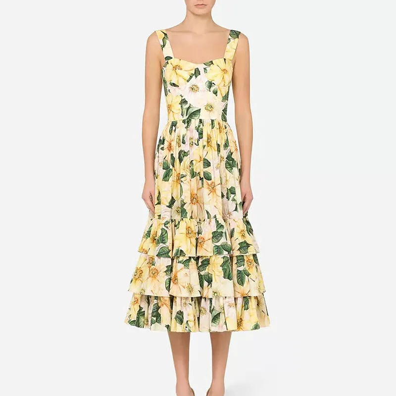 

Women Dress 2021 High Quality Runway Summer Camellia Floral Print Spaghetti Strap Backless Ruffle Beach Dress Ball Gown Dress