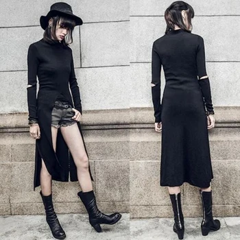 

Long Black Gothic Dress Women High V Split Dovetail Sexy Punk Clothing Style Long Sleeve Dresses For Womens Spring 2020