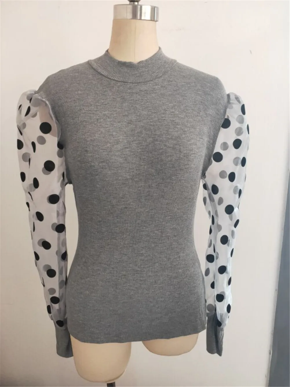 Meihuida Осенняя женская прозрачная сетчатая блуза с длинным рукавом, Облегающая водолазка в горошек, рубашки для офиса, Свитера для девушек - Цвет: Серый