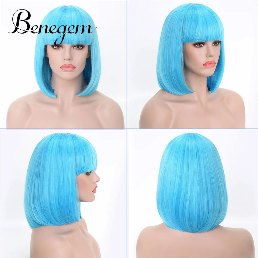Fresh Blue Benemge черный боб парик с челкой короткие прямые некружевные синтетические косплей костюм вечерние парики для женщин - Цвет: Fresh Blue
