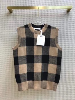 

High-end Design 75% Cashmere Sleeveless Knitted Sweater Pullover 2020 Autumn Retro O-neck Plaid Casual Jumper Warm Tank Sweaters