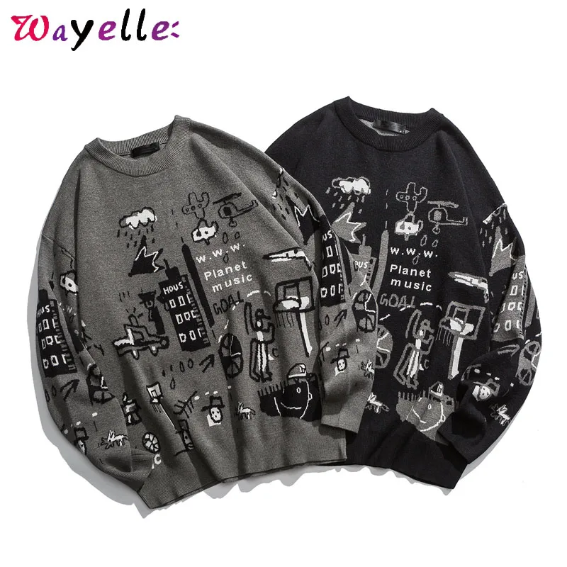 Mens Sweaters 2019 Autumn Winter Funny Print Cartoon Christmas Sweaters Men Loose Fashion Knitted Sweater Men Pullovers Jumpers