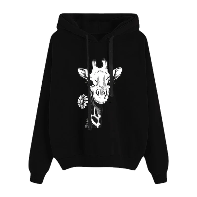 2022 New Women Cartoon Giraffe Printing Autumn Winter Hooded Drawstring Sweater Long Sleeve Casual Outer Office Cute Warm Top | Женская