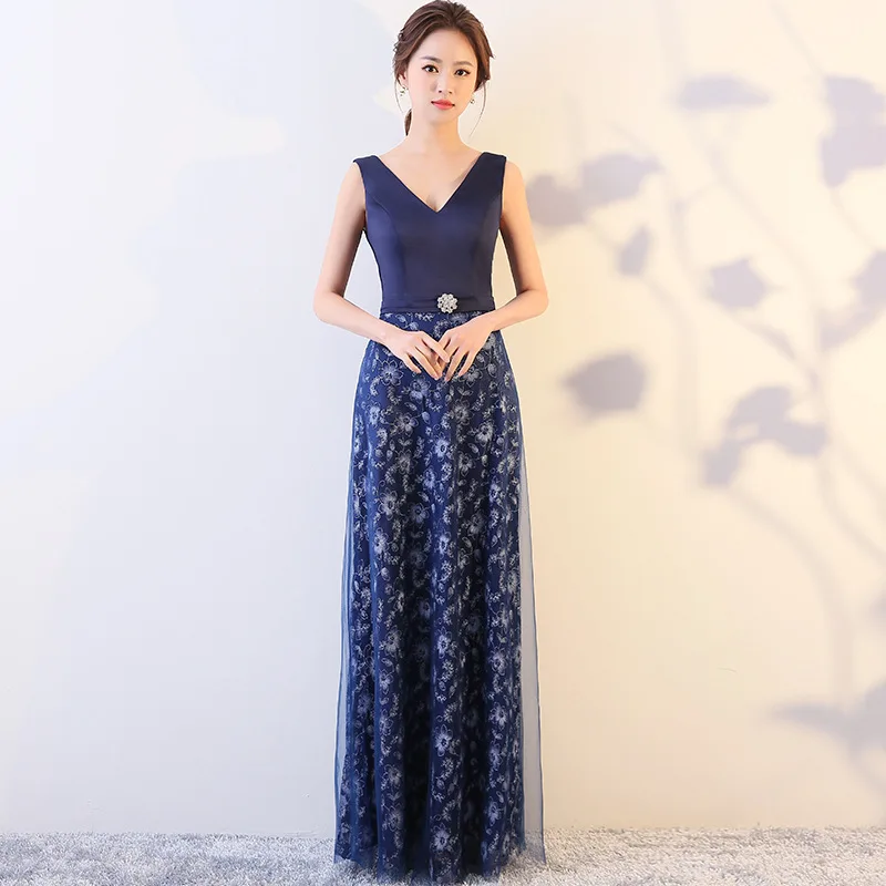 

Orientale V Neck Cheongsam Modern Blue Evening Dresses Qi Pao Women Chinese Traditional Clothing Qipao Promotion Party Gown