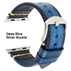 Elegant Leather Strap for Smartwatch - Premium Wristband Accessory (Deep Blue - Silver)
