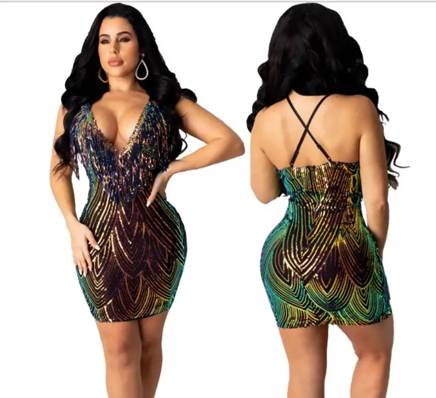 

deep v Peacock diamond Sequin Dress SexyLace Tassel Mini Dresses Summer Backless Night Club Party Bodycon Dresses Sparkle