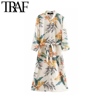 

TRAF Women Vintage Elegant Floral Print Bow Tie Sashes Midi Dress Fashion Stand Collar Long Sleeve Female Dresses Vestidos Mujer