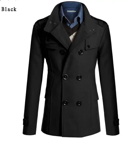 Мужское пальто, мужской зимний теплый Тренч, шерстяное пальто, приталенная повседневная куртка, однотонный двубортный Тренч со стоячим воротником