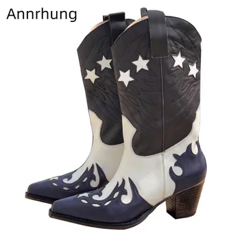 

Fashion Caved Strars Woman Boots Retro Embroider Slip On Western Botas Square Toe Chunky Square High Heel Mid Calf Boots Women