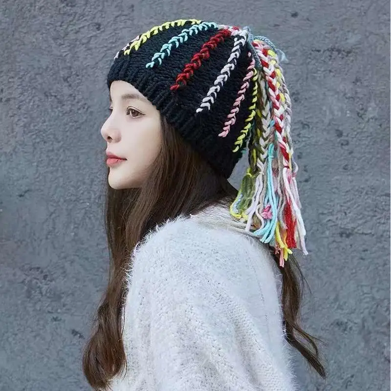 Arco-íris para Meninas Chapéu de Inverno com Cauda Gorro Artesanal Colorido Multi Borlas Grossas Perucas 2022 13 High Quality Acessórios da Moda