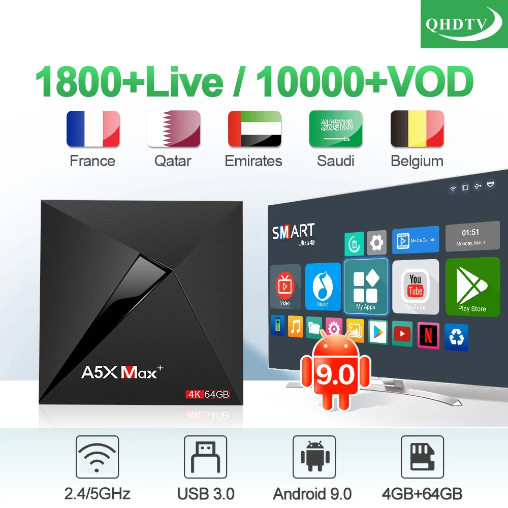 A5X MAX+ IPTV Франция арабский Бельгия голландский Android 9,0 4G+ 64G USB3.0 двухдиапазонный Wi-Fi передатчик для интернет-телевидения Франция арабский Бельгия Франция IPTV