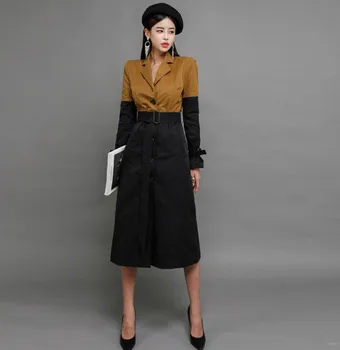 

HAMALIEL 2019 Autum Winter Turn Down Collor Trench Coat Fashion Women Single Breasted Patchwork Female Long Sashes Outerwear