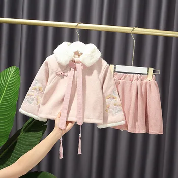 

Super Foreign Girl's Princess Dress Winter Velvet Woolen Festive Embroidery Tang Suit Lady's Suit Skirt Combed Cotton Baby Girls