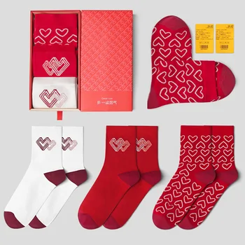 

Couples Socks Chinese Style Natal Year Transfer Red Blessing Socks for Women Festive Wedding Wishes Cotton Socks Lovers