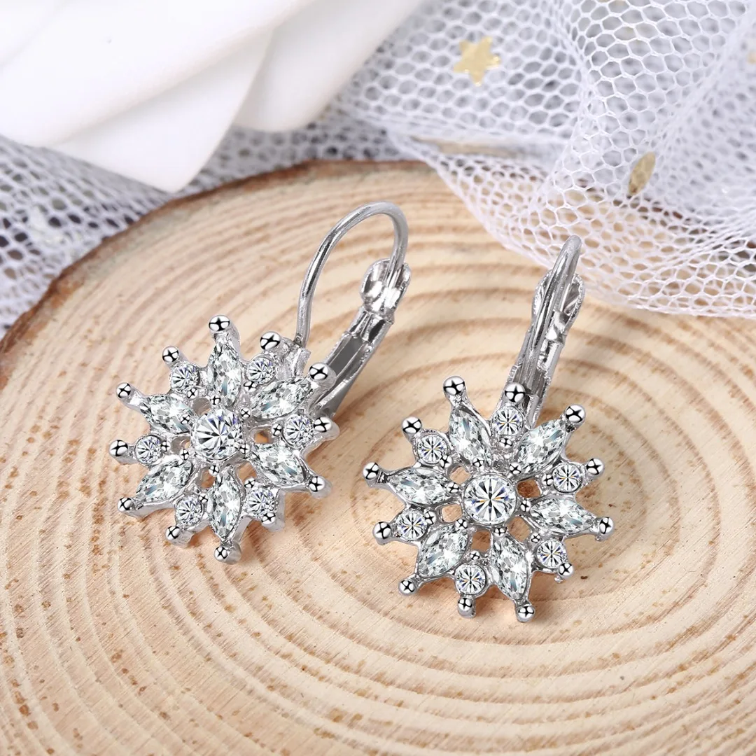 Fashion Princess Luxury Crystal Snow Flower Silver Gold Plated Hoop Earring for Women CZ Bridal Wedding Earring Jewelry Gift