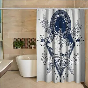 

Adventure Professional Shower Curtain Mountains in Boho Tattoo Style with Crossed Arrows and Astrological Symbols Decorative
