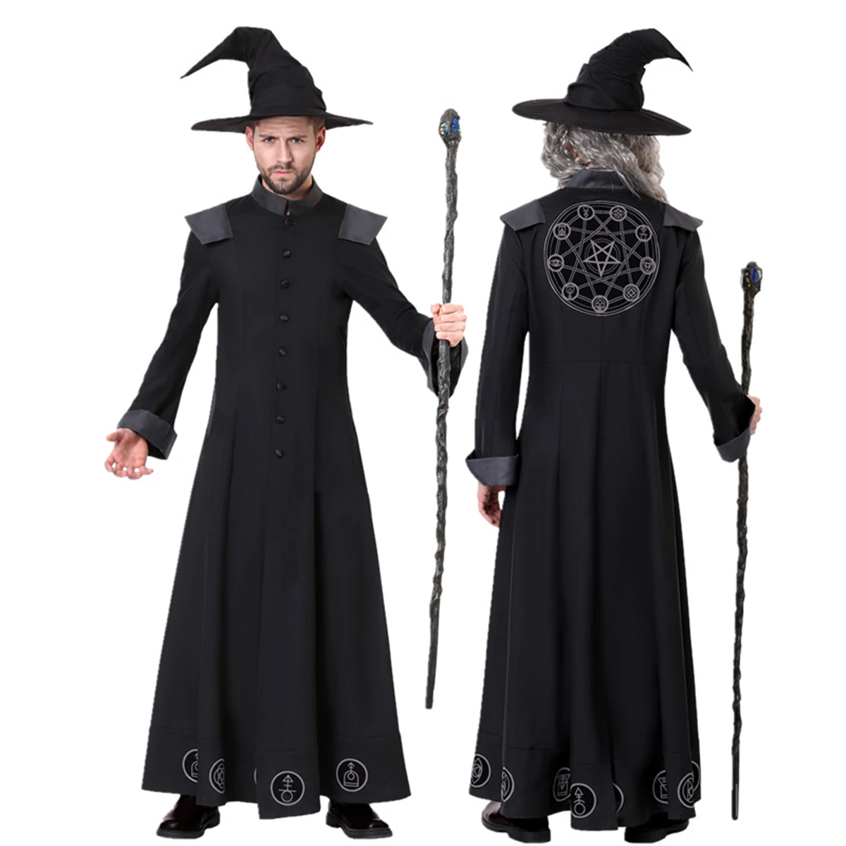 

Halloween Adults Mens Black Scary Horror Wizard Magician Pharaoh Costume Cosplay Party Suit Long Coat Cap Full Suit M L XL