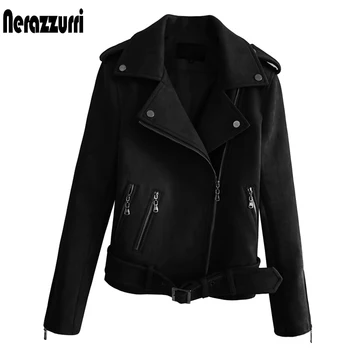 

Nerazzurri Black short soft suede biker jacket women long sleeve zipper Autumn plus size faux leather motorcycle jackets women