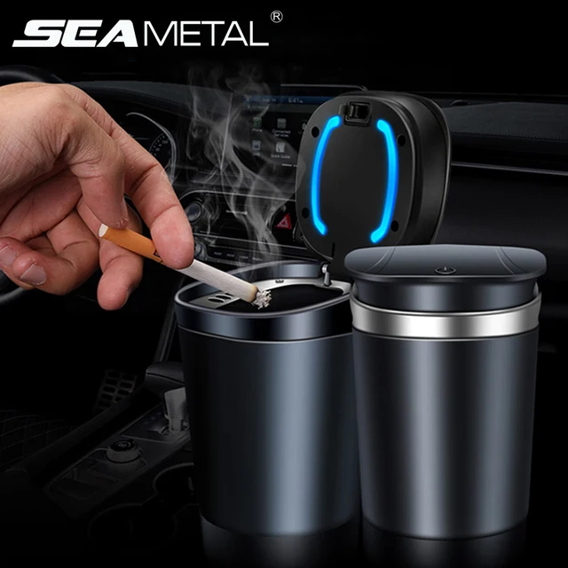 Car Ashtray Portable Ashtray for Car Mini Car Trash Can Smokeless Ash Tray with Lid LED Blue Light Windproof for Travel Home Use