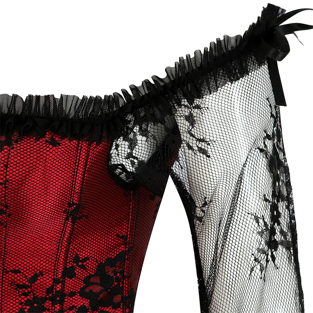 Off Shoulder Corset Long Sleeve Shirt Crop Top Women's Underwear Corgested Bustier Underbust Floral Lace Up Renaissance Dress
