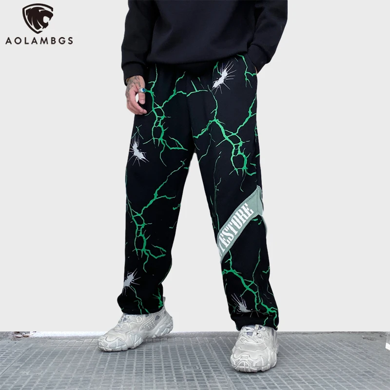 Aolamegs Pants Men Green Lightning Letter Print Track Pants Elastic Waist Fashion Trousers Hip Hop Joggers Sweatpants Streetwear Aolamegs Pants Men Green Lightning Letter Print Track Pants Elastic Waist Fashion Trousers Hip Hop Joggers Sweatpants Streetwear