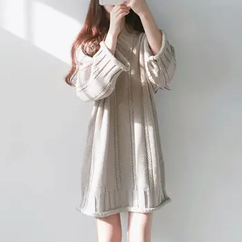 

Women Autumn Loose Wild Sweater Fashion Knit Female Long Sleeve Mid-length Sweater Dress