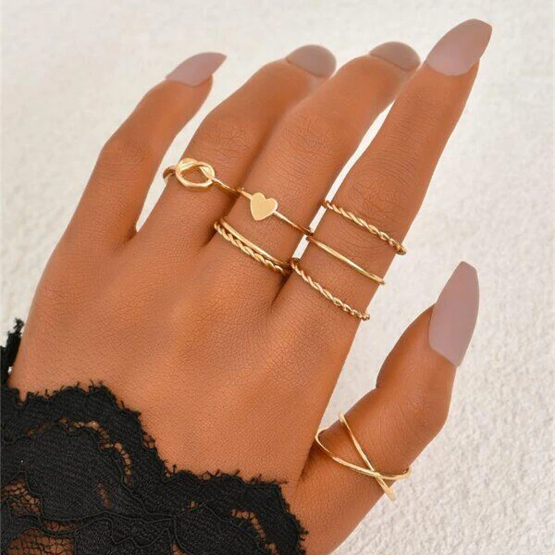Metal Bead Punk Ring Set Sliver Gold Color Hip Pop For Women Vintage Spiral Multilayer ringChunky Knuckle Joint Jewelry Gift