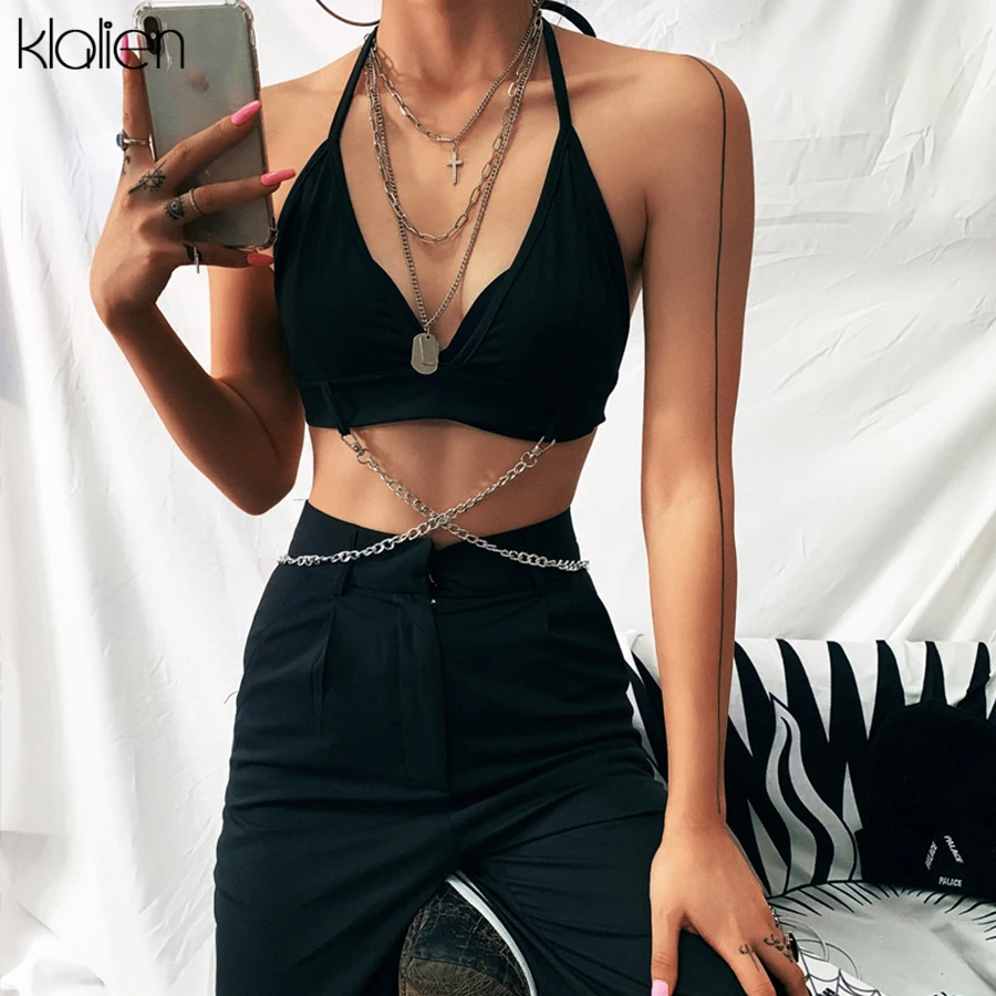 KLALIEN Лето Панк декоративная металлическая цепь короткий топ женский камзол модные сексуальные Клубные вечерние безрукавки