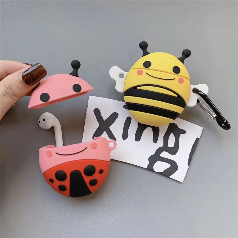 

Animal Cover For AirPods 2 Silicone Case 3D Cartoon Bee Ladybug Earphone Case Apple Airpods Protective Cover with Carabiner Hook