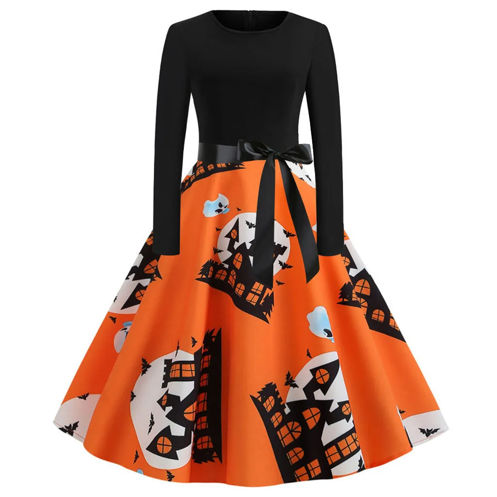 

29 Colors Halloween Vintage Dress Women Droppship Long Sleeve Print Housewife Evening Party Pleated Dress Freeship 