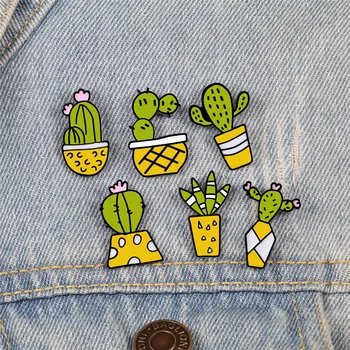 

Fashion Cartoon Cactus Potted Plant pins Succulent brooches Badges Lapel pins Pot Enamel for Women Denim Jackets shirt Jewelry