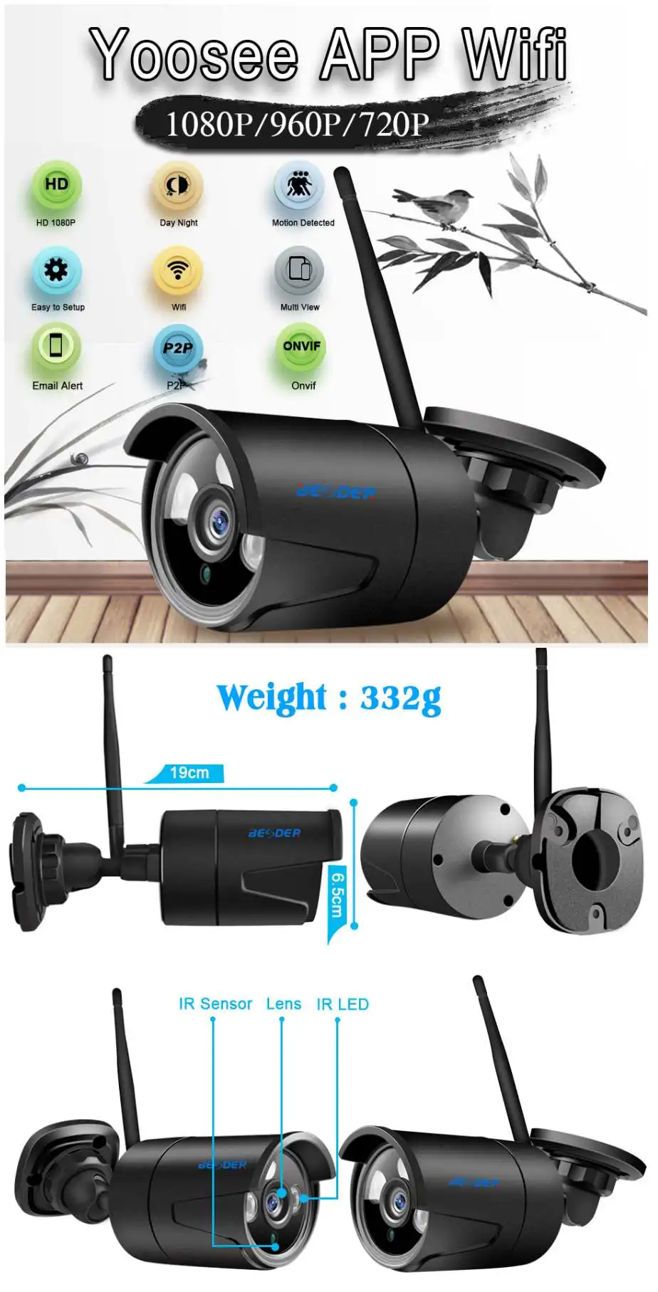 ИК ночного видения ip-камера WiFi ONVIF 1080P наружные цилиндрические камеры безопасности Беспроводные с sd-слотом для карт Детские видеоняни