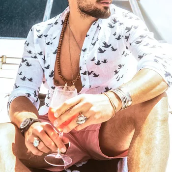 

2020 Hawaiian Shirt Long Sleeve Wild Goose Print Button Linen Shirts Summer Camisas Hombre Mens Shirts Casual Slim Fit Blusa